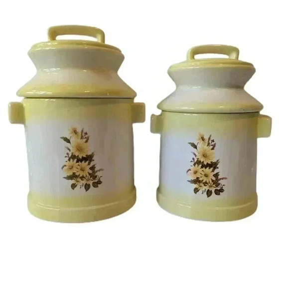 2  Hand Painted milk Can Yellow flowers Ceramic Coffee Flour Canister Cottage Co - Picture 1 of 16